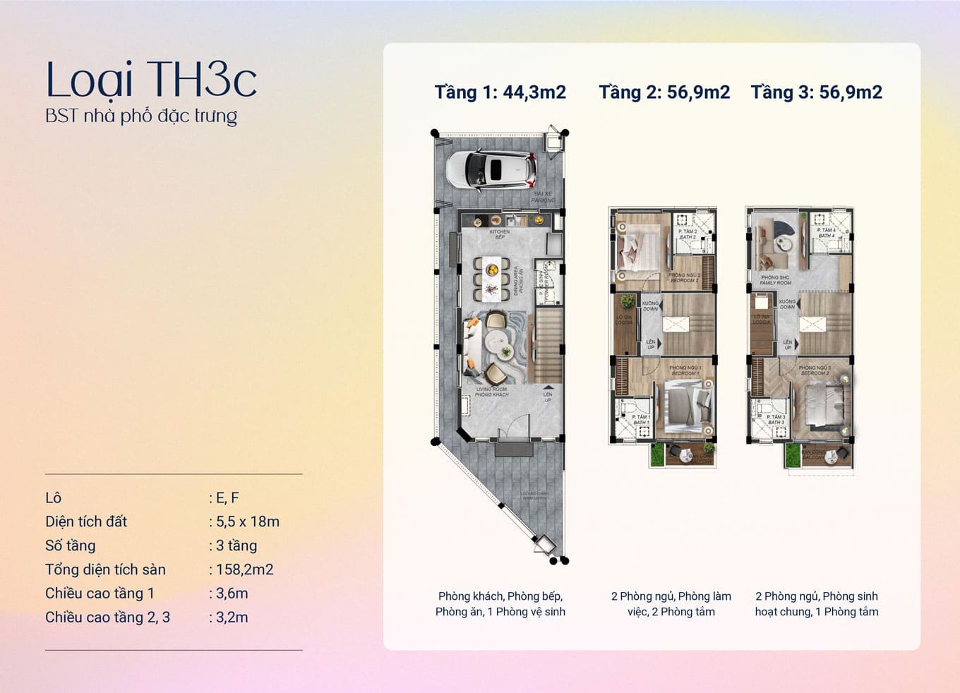 Mặt bằng thiết kế nhà phố đặc trưng loại TH3C 3 tầng 5.5x18m có diện tích xây dựng 158m2.
