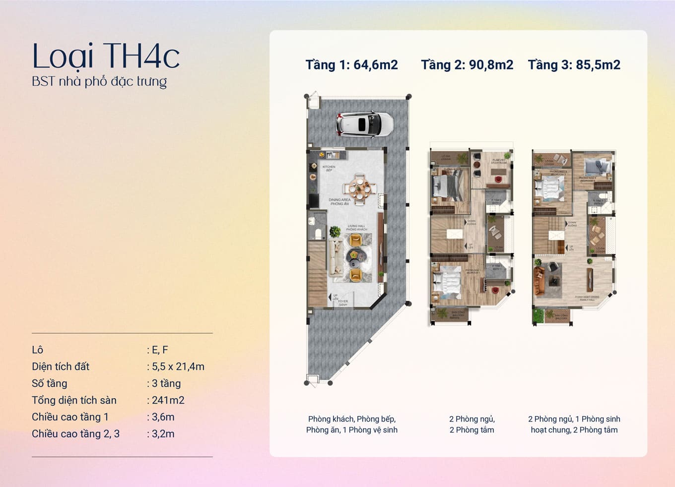 Mặt bằng thiết kế nhà phố đặc trưng loại TH4c 3 tầng 5.5x21.4m có diện tích xây dựng 241m2.