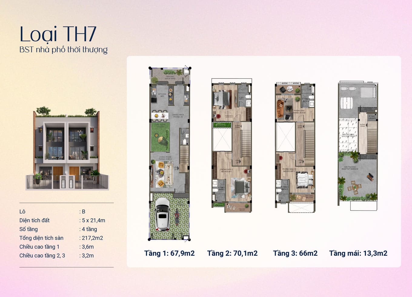 Mặt bằng thiết kế nhà phố thời thượng loại TH7 4 tầng 5x21.4m có diện tích xây dựng 217m2.
